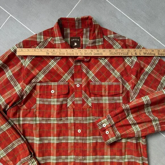 Orvis Heavyweight Orange Green Plaid Field Flannel Button Down Shirt Large - Picture 8 of 10